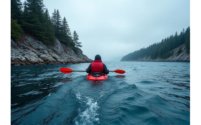 Kayaker navigating rocky coastal waters in Maine