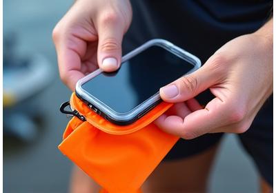 Hands placing a smartphone into a clear waterproof phone case, then into a small dry bag.